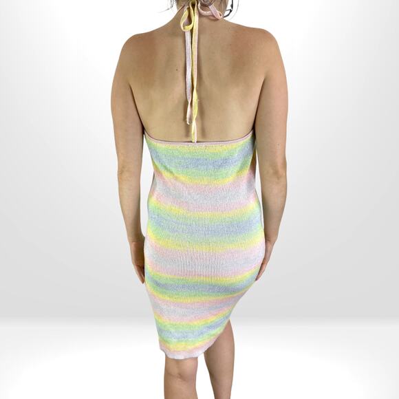 WHISKEY KISS Boutique Pastel Rainbow Knit Halter Bodycon Dress - Picture 4 of 9